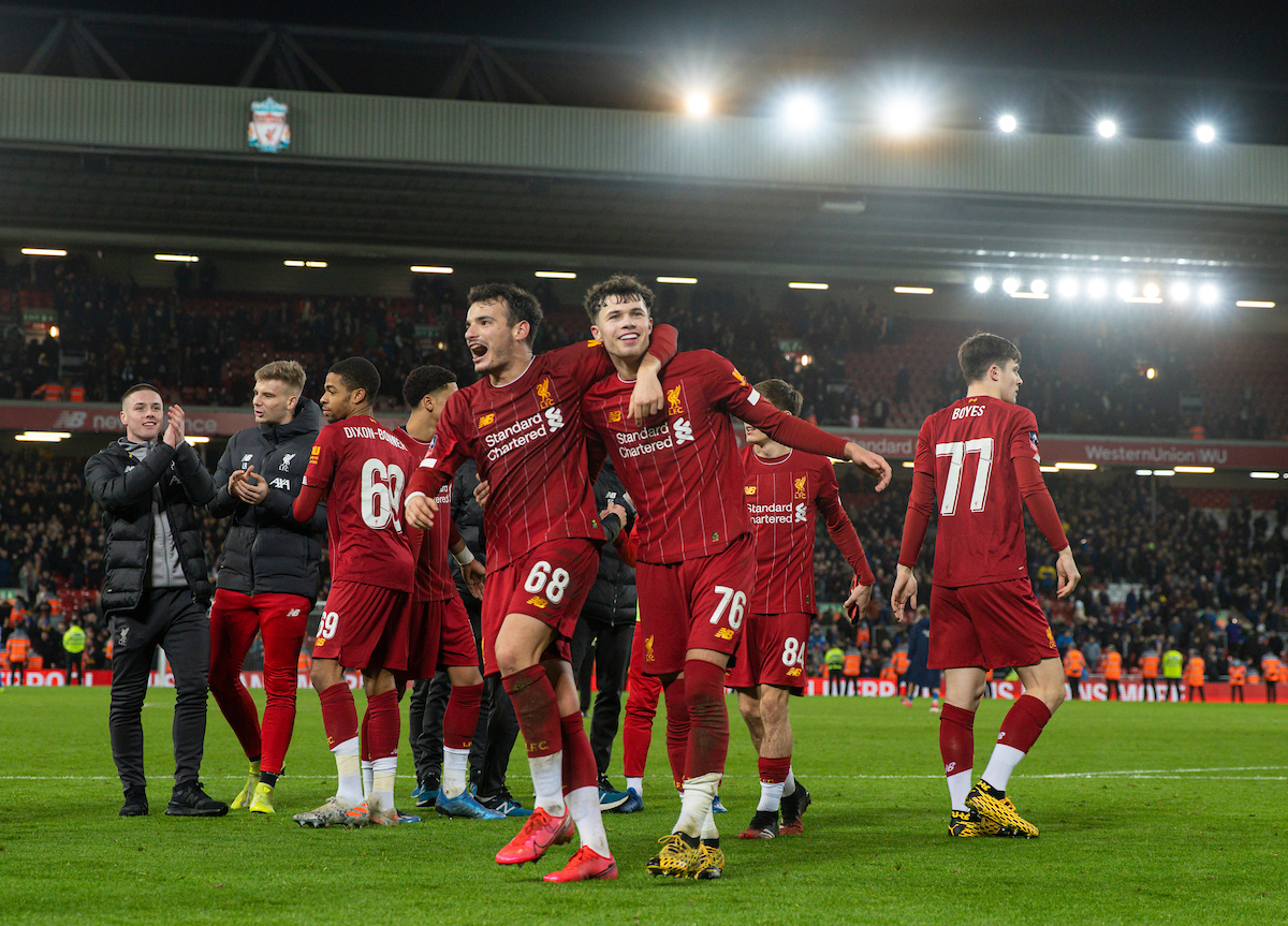 LIVERPOOL, ENGLAND - Tuesday, February 4, 2020: Liverpool's Pedro Chirivella (L) and Neco Williams (R) celebrate after the FA Cup 4th Round Replay match between Liverpool FC and Shrewsbury Town at Anfield. Liverpool won 1-0. (Pic by David Rawcliffe/Propaganda)