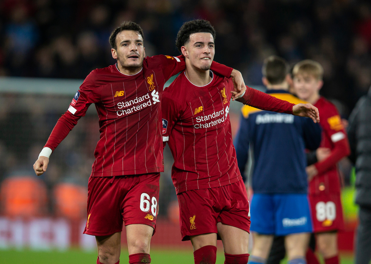 LIVERPOOL, ENGLAND - Tuesday, February 4, 2020: Liverpool's  Pedro Chirivella (L) and Curtis Jones (R) celebrate after the FA Cup 4th Round Replay match between Liverpool FC and Shrewsbury Town at Anfield. Liverpool won 1-0. (Pic by David Rawcliffe/Propaganda)