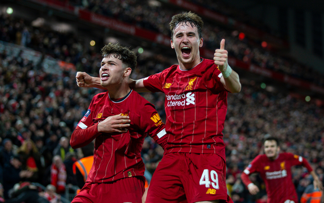 LIVERPOOL, ENGLAND - Tuesday, February 4, 2020: Liverpool's Neco Williams (L) and Liam Millar celebrate after an own-goal by Shrewsbury Town during the FA Cup 4th Round Replay match between Liverpool FC and Shrewsbury Town at Anfield. (Pic by David Rawcliffe/Propaganda)