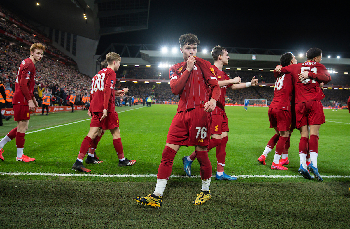 LIVERPOOL, ENGLAND - Tuesday, February 4, 2020: Liverpool's Neco Williams (C) celebrates after an own-goal by Shrewsbury Town during the FA Cup 4th Round Replay match between Liverpool FC and Shrewsbury Town at Anfield. (Pic by David Rawcliffe/Propaganda)