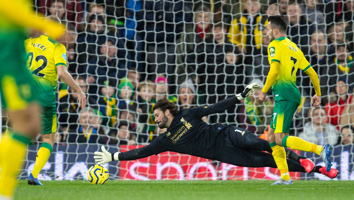 NORWICH, ENGLAND - Saturday, February 15, 2020: Liverpool's goalkeeper Alisson Becker makes a save during the FA Premier League match between Norwich City FC and Liverpool FC at Carrow Road. (Pic by David Rawcliffe/Propaganda)