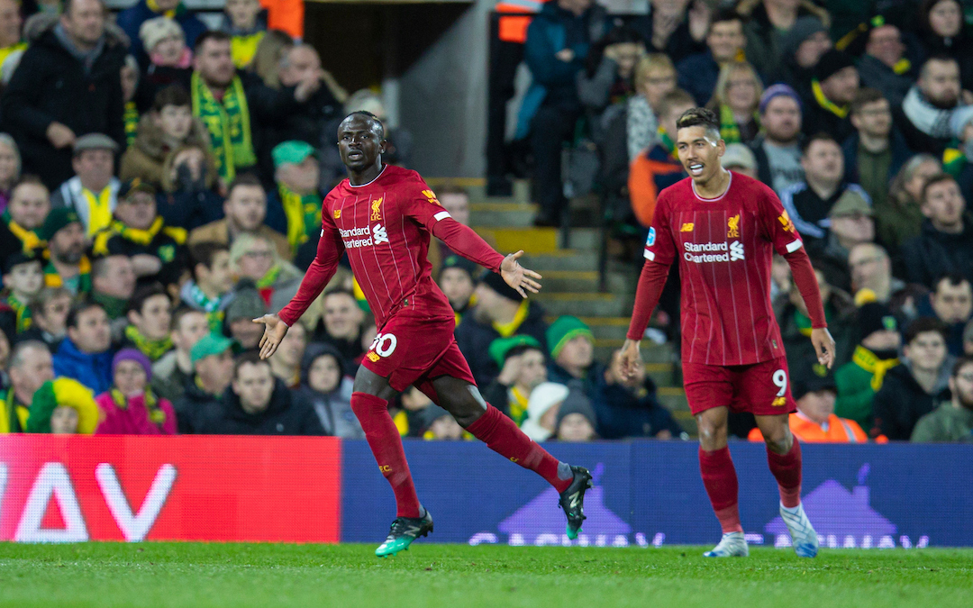 NORWICH, ENGLAND - Saturday, February 15, 2020: Liverpool's Sadio Mané celebrates scoring the first goal during the FA Premier League match between Norwich City FC and Liverpool FC at Carrow Road. (Pic by David Rawcliffe/Propaganda)
