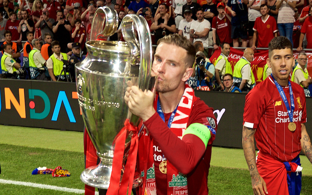 Liverpool's captain Jordan Henderson with the trophy after the UEFA Champions League Final match between Tottenham Hotspur FC and Liverpool FC at the Estadio Metropolitano