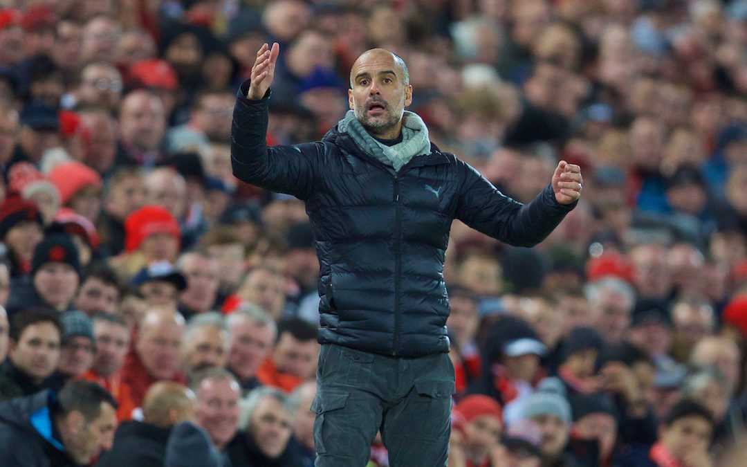 Manchester City's head coach Pep Guardiola during the FA Premier League match between Liverpool FC and Manchester City FC at Anfield