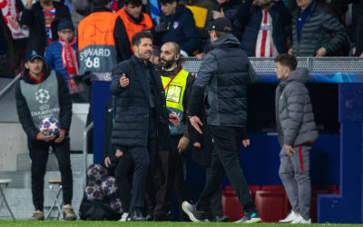 Club Atlético de Madrid's head coach Diego Simeone (L) shakes hands with Liverpool's manager Jürgen Klopp after the UEFA Champions League Round of 16 1st Leg match between Club Atlético de Madrid and Liverpool FC at the Estadio Metropolitano