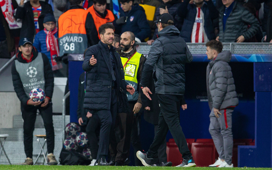 Club Atlético de Madrid's head coach Diego Simeone (L) shakes hands with Liverpool's manager Jürgen Klopp after the UEFA Champions League Round of 16 1st Leg match between Club Atlético de Madrid and Liverpool FC at the Estadio Metropolitano