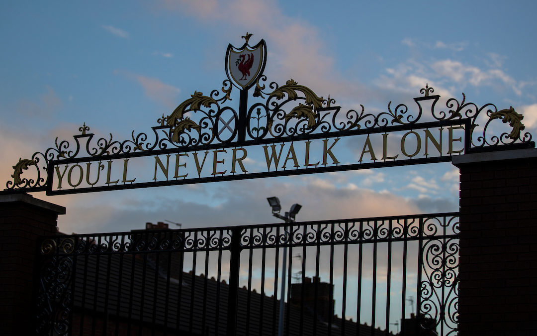 The Shankly Gates, featuring the club's anthem "You'll Never Walk Alone"