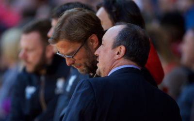 LIVERPOOL, ENGLAND - Saturday, April 23, 2016: Newcastle United's manager Rafael Benitez shares a joke with Liverpool's manager Jürgen Klopp during the Premier League match at Anfield. (Pic by Bradley Ormesher/Propaganda)