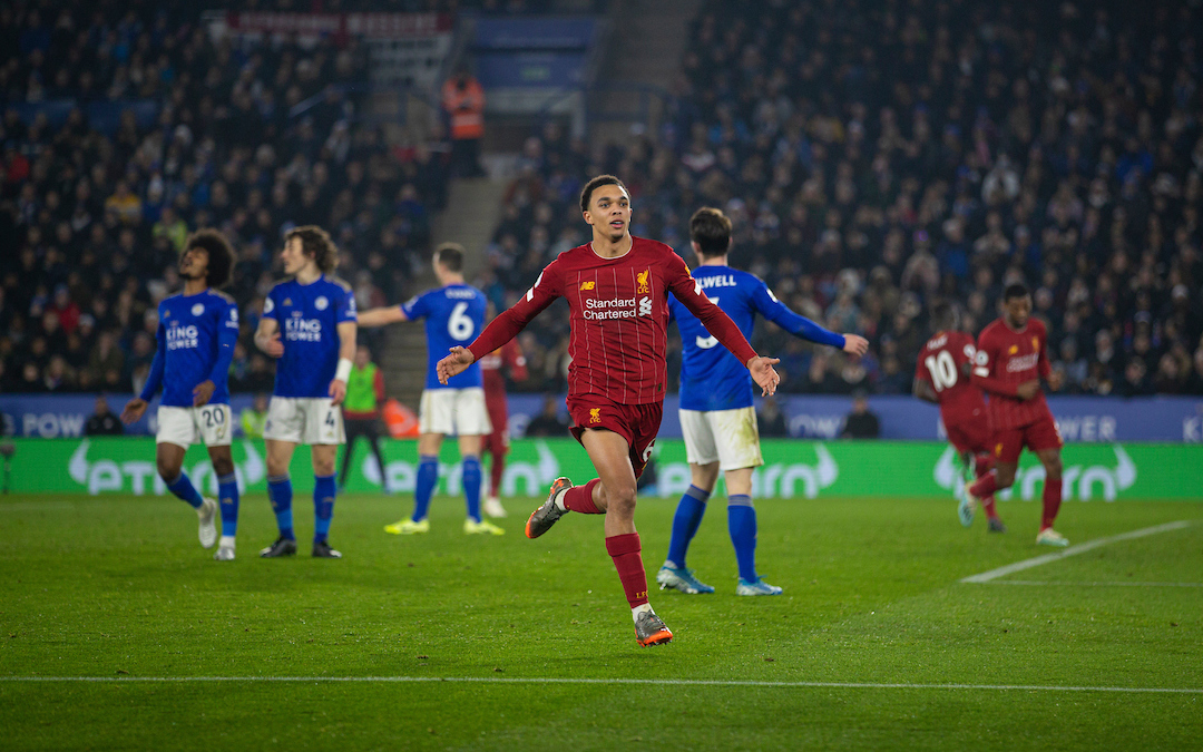 Liverpool's Trent Alexander-Arnold celebrates scoring the fourth goal during the FA Premier League match between Leicester City FC and Liverpool FC at the King Power Stadium