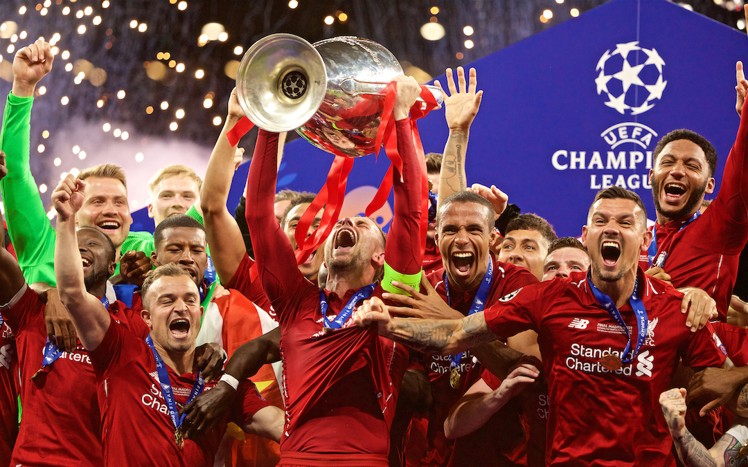 Liverpool's captain Jordan Henderson lifts the trophy after the UEFA Champions League Final match between Tottenham Hotspur FC and Liverpool FC at the Estadio Metropolitano. Liverpool won 2-0 to win their sixth European Cup