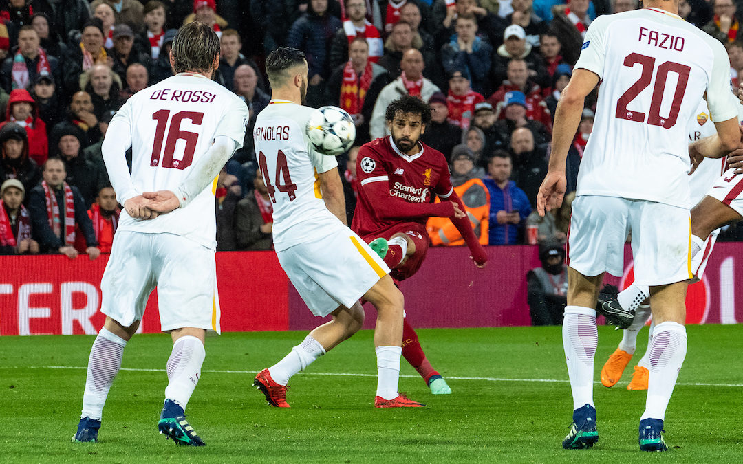 Liverpool's Mohamed Salah scores the first goal during the UEFA Champions League Semi-Final 1st Leg match between Liverpool FC and AS Roma at Anfield