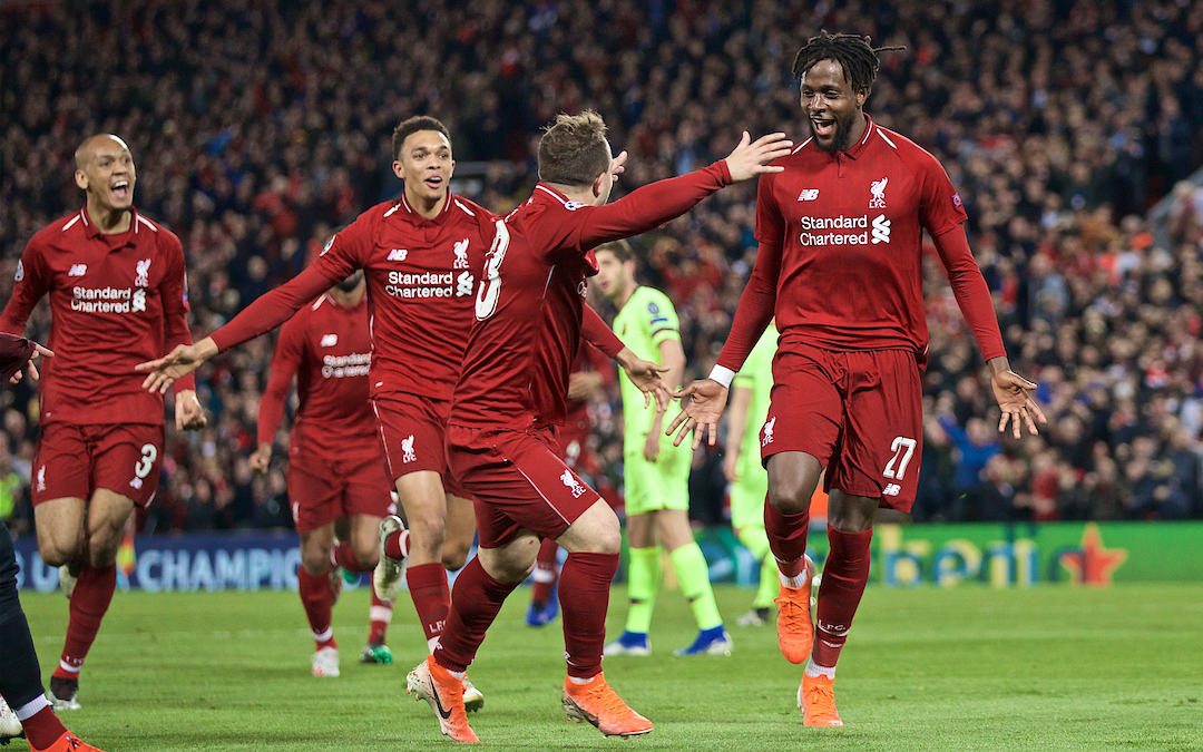 Tuesday, May 7, 2019: Liverpool's Divock Origi celebrates scoring the fourth goal with team-mates during the UEFA Champions League Semi-Final 2nd Leg match between Liverpool FC and FC Barcelona at Anfield.