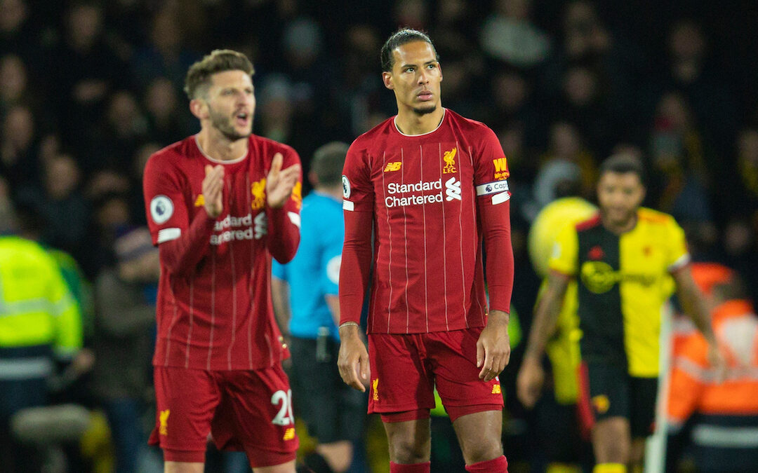 Liverpool's Virgil van Dijk looks dejected as Watford score the third goal during the FA Premier League match between Watford FC and Liverpool FC at Vicarage Road