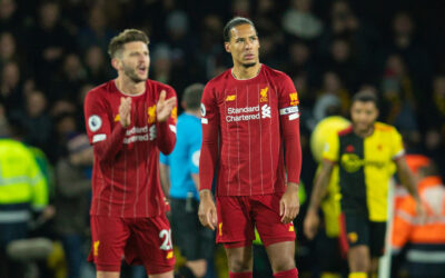 Liverpool's Virgil van Dijk looks dejected as Watford score the third goal during the FA Premier League match between Watford FC and Liverpool FC at Vicarage Road