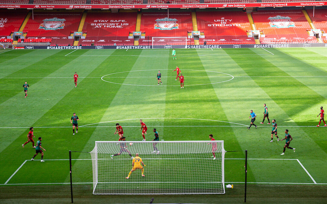 Sunday, July 5, 2020: Liverpool’s Curtis Jones scores the second goal during the FA Premier League match between Liverpool FC and Aston Villa FC at Anfield. The game was played behind closed doors due to the UK government’s social distancing laws during the Coronavirus COVID-19 Pandemic.