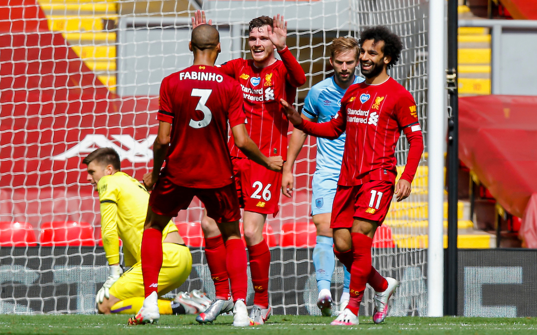 Liverpool’s Andy Robertson celebrates with team-mates during the FA Premier League match between Liverpool FC and Burnley FC at Anfield
