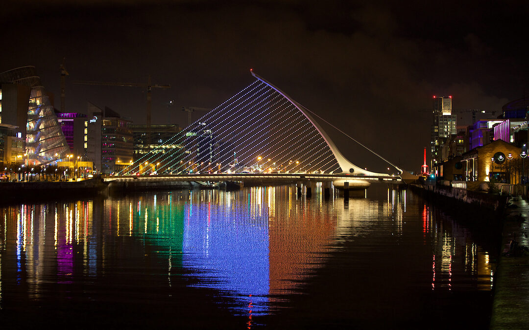 A light display featuring the Tricolour flag of Ireland on the Samual Beckett Bridge on the River Liffey in Dublin
