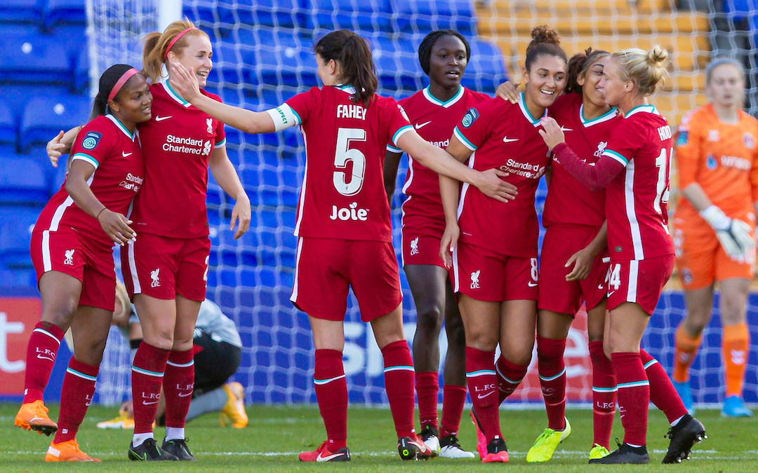 Liverpool's Jade Bailey (#8) celebrates scoring the second goal during the FA Women’s Championship game between Liverpool FC Women and Charlton Athletic Women FC at Prenton Park