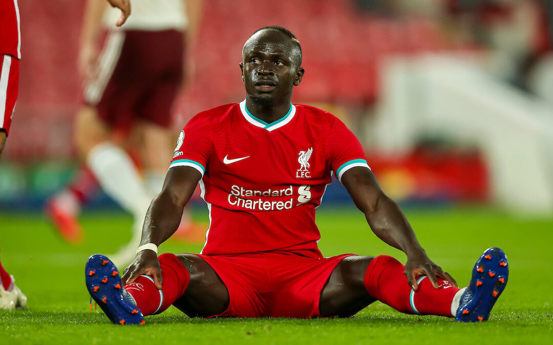 Monday, September 28, 2020: Liverpool’s Sadio Mané looks dejected after missing a chance during the FA Premier League match between Liverpool FC and Arsenal FC at Anfield. The game was played behind closed doors due to the UK government’s social distancing laws during the Coronavirus COVID-19 Pandemic.