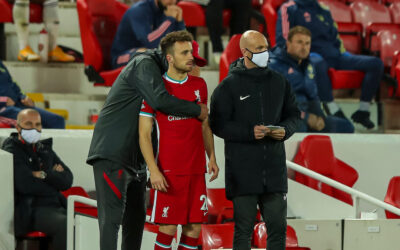 Liverpool’s Diogo Jota is hugged by manager Jürgen Klopp before he comes on as a substitute during the FA Premier League match between Liverpool FC and Arsenal FC at Anfield