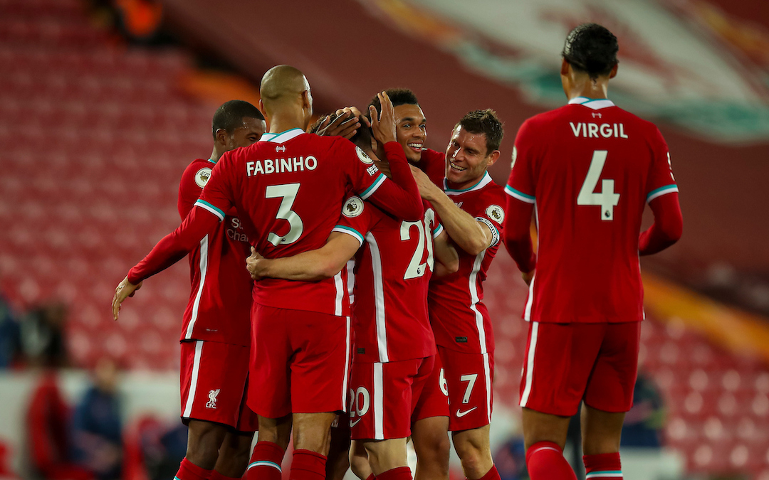 Liverpool players celebrate during the FA Premier League match between Liverpool FC and Arsenal FC at Anfield