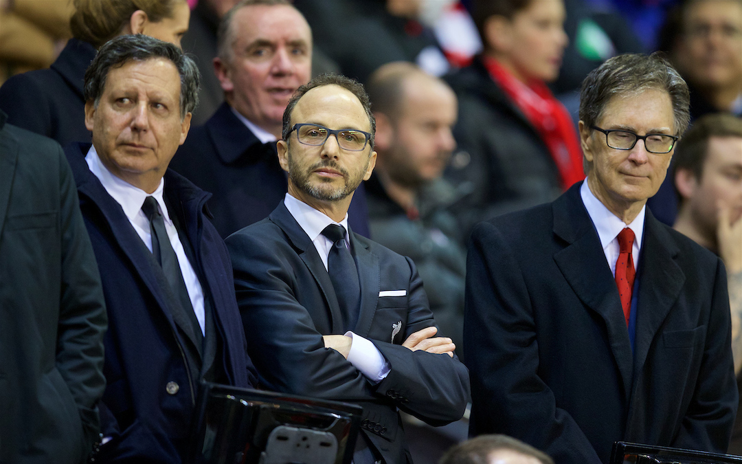 Liverpool's co-owner and NESV Chairman Tom Werner, Director Michael Gordon and owner John W. Henry before the UEFA Europa League Group Stage Group B match against Rubin Kazan at Anfield