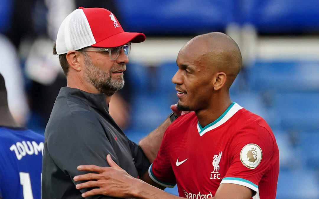 Liverpool’s manager Jürgen Klopp embraces Fabinho after the FA Premier League match between Chelsea FC and Liverpool FC at Stamford Bridge