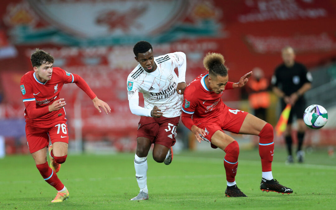 Liverpool's Rhys Williams (R) and Arsenal's Eddie Nketiah during the Football League Cup 4th Round match between Liverpool FC and Arsenal FC at Anfield