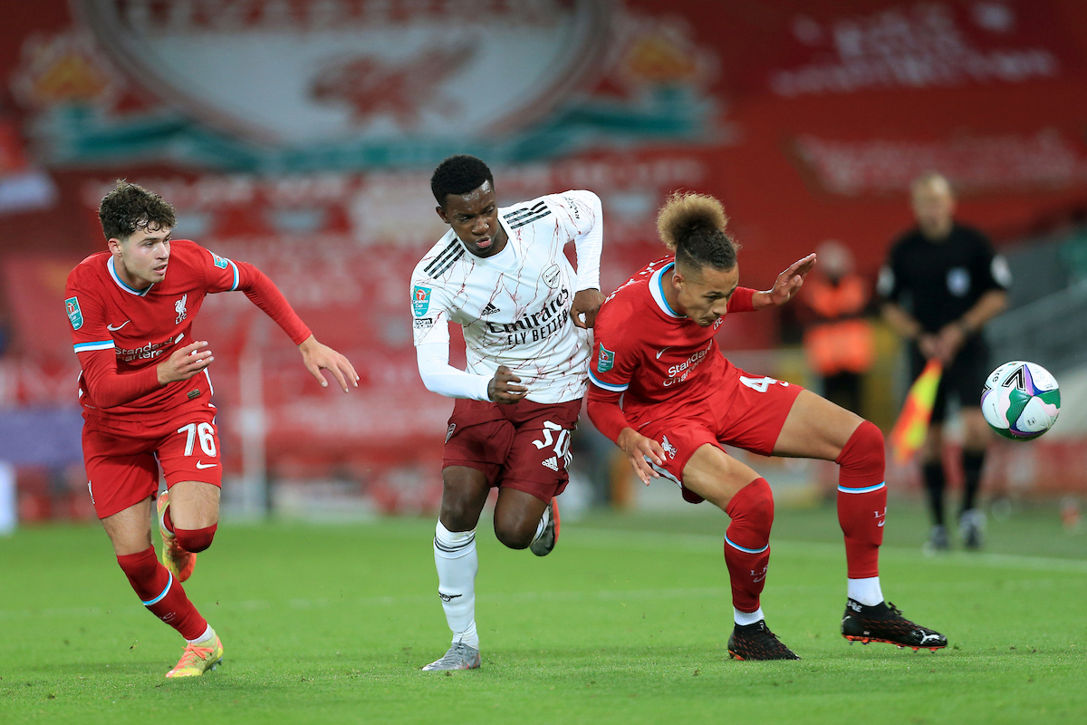 Liverpool's Rhys Williams (R) and Arsenal's Eddie Nketiah during the Football League Cup 4th Round match between Liverpool FC and Arsenal FC at Anfield