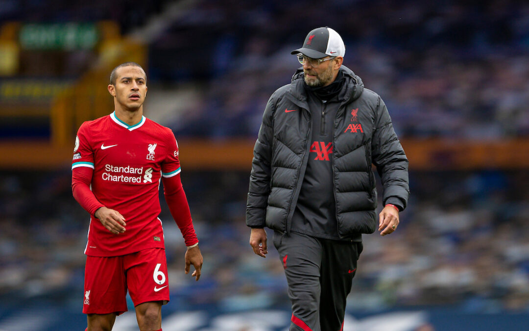 Thiago Alcantara and Jurgen Klopp during Merseyside Derby