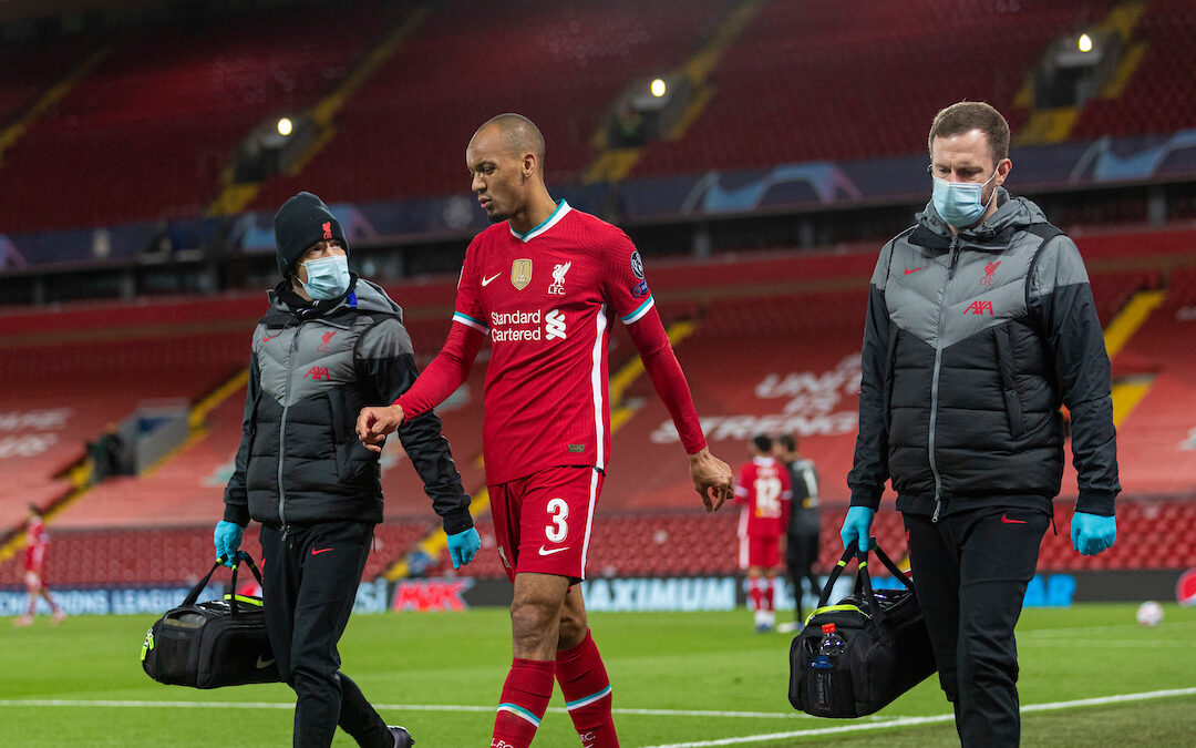 Liverpool's Fabio Henrique Tavares 'Fabinho' walks off injured during the UEFA Champions League Group D match between Liverpool FC and FC Midtjylland at Anfield.