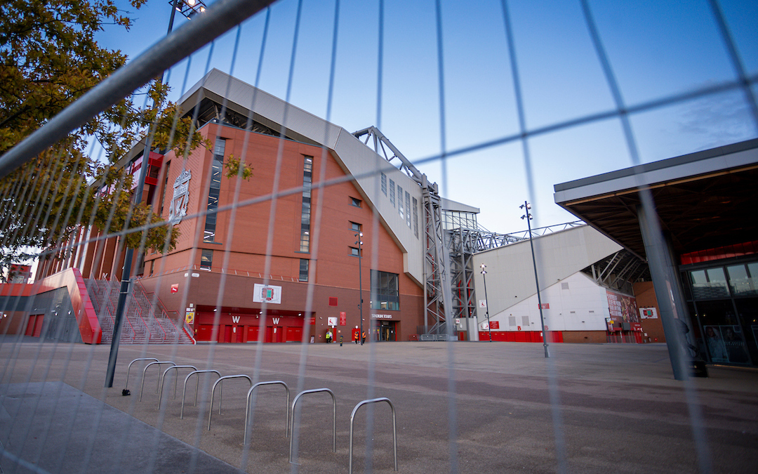 Liverpool Anfield Stadium is fenced off as the game is played behind closed doors due to the COVID-19 pandemic