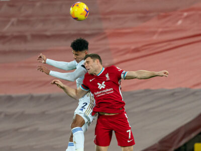 Liverpool’s James Milner challenges for a header during the FA Premier League match between Liverpool FC and Leicester City FC at Anfield