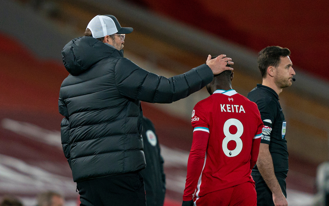 Liverpool’s Naby Keita goes off with an injury past manager Jürgen Klopp during the FA Premier League match between Liverpool FC and Leicester City FC at Anfield