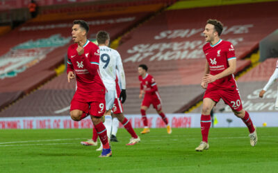 Roberto Firmino and Diogo Jota celebrate during the FA Premier League match between Liverpool FC and Leicester City FC at Anfield