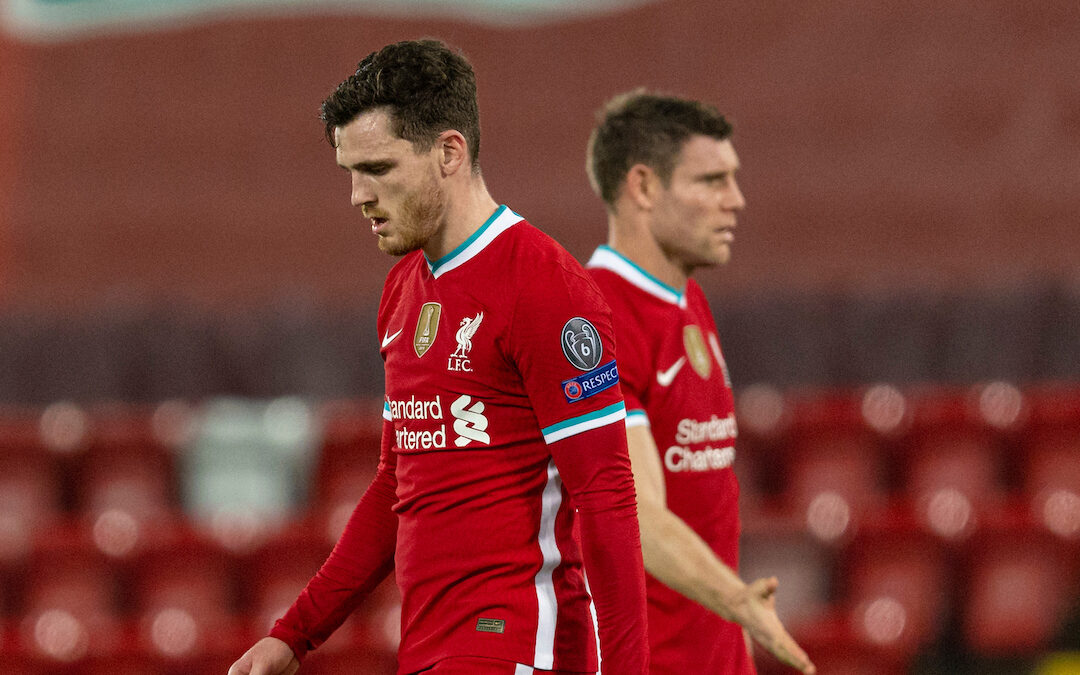 Liverpool's Andy Robertson and James Milner after the UEFA Champions League Group D match between Liverpool FC and Atalanta BC at Anfield