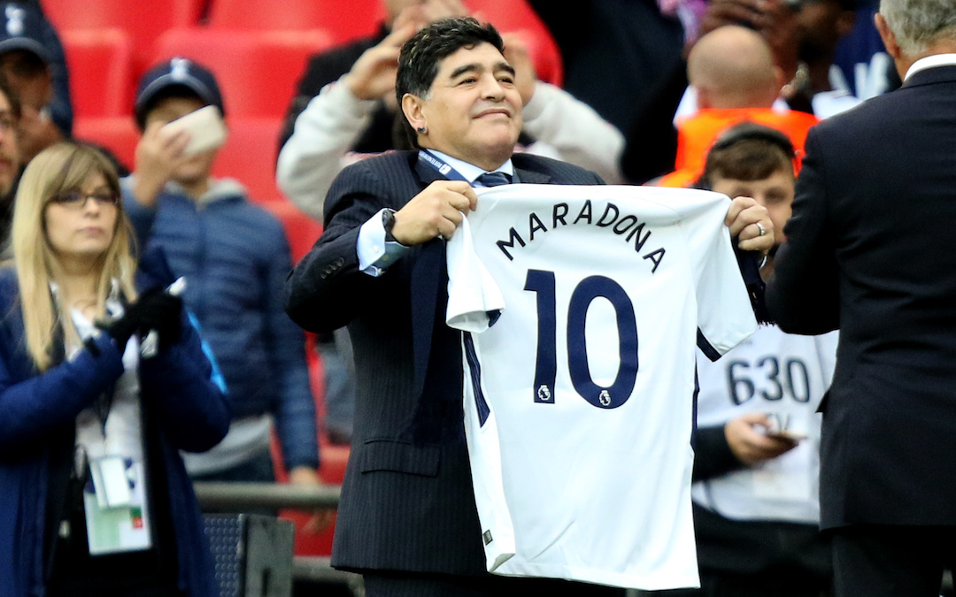 Diego Maradona appears at half time of the FA Premier League match between Tottenham Hotspur and Liverpool