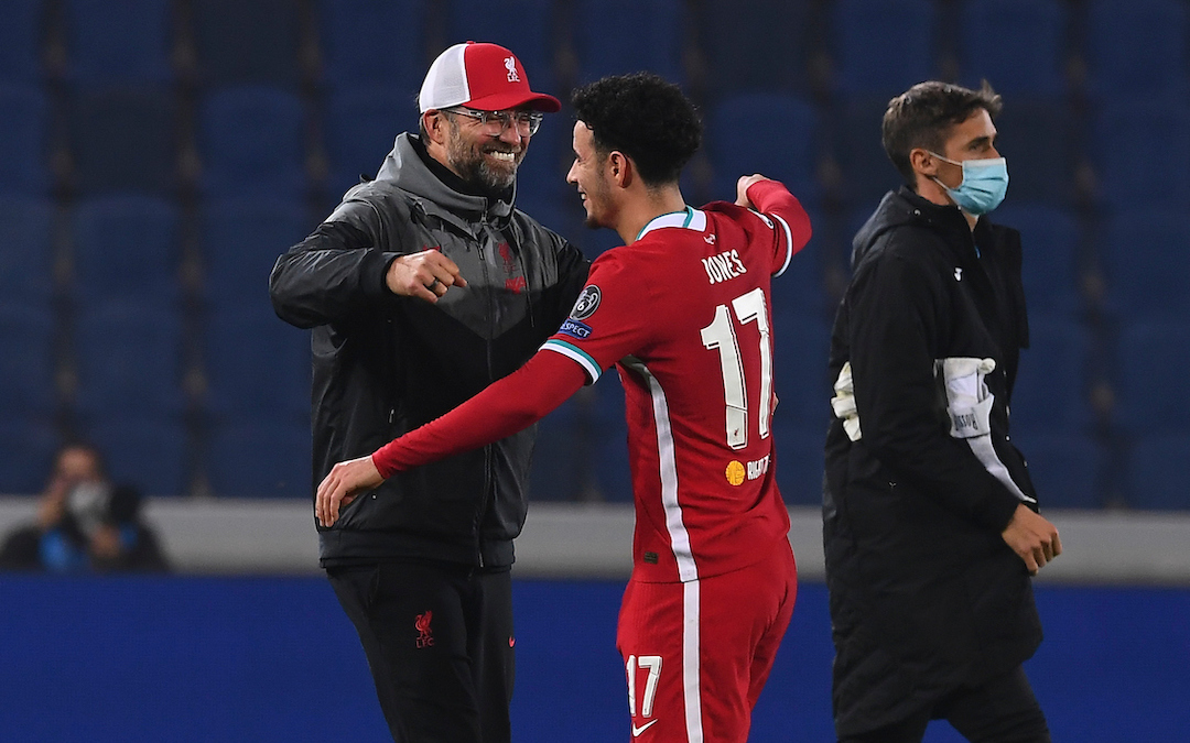 Liverpool's manager Jürgen Klopp celebrates with Curtis Jones after the UEFA Champions League Group D match between Atalanta BC and Liverpool FC at the Stadio di Bergamo