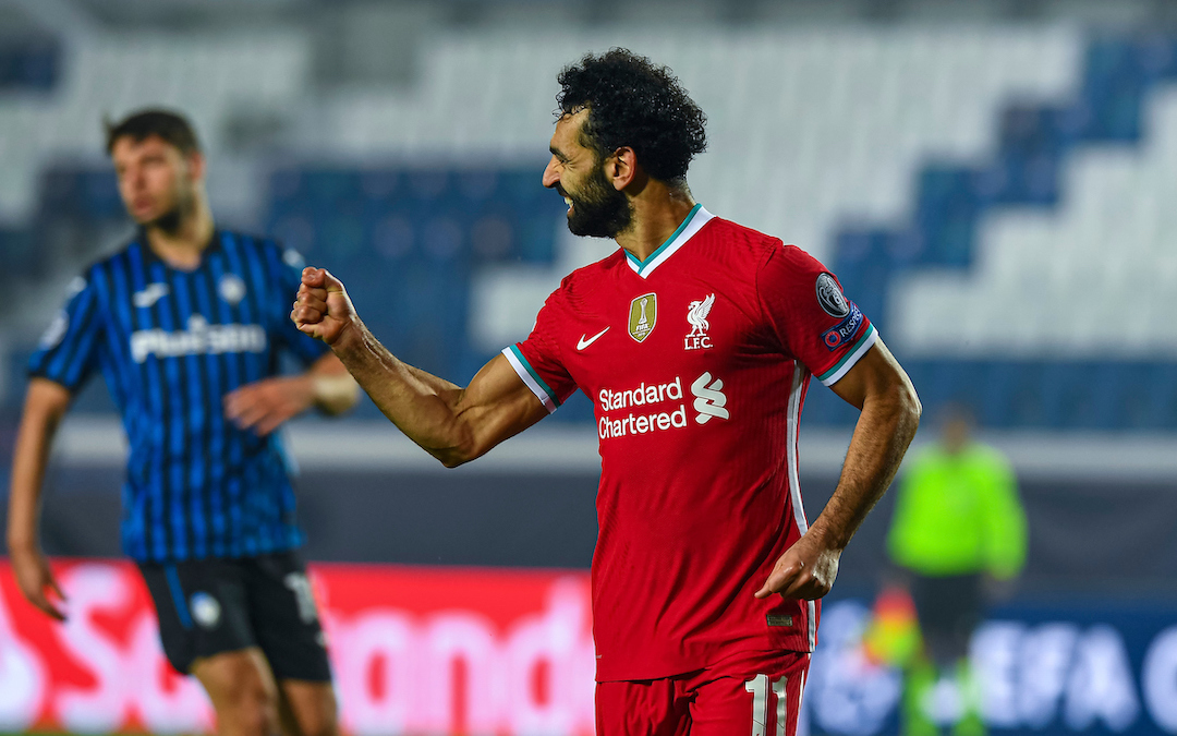Liverpool's Mohamed Salah celebrates after scoring the third goal during the UEFA Champions League Group D match between Atalanta BC and Liverpool FC at the Stadio di Bergamo.