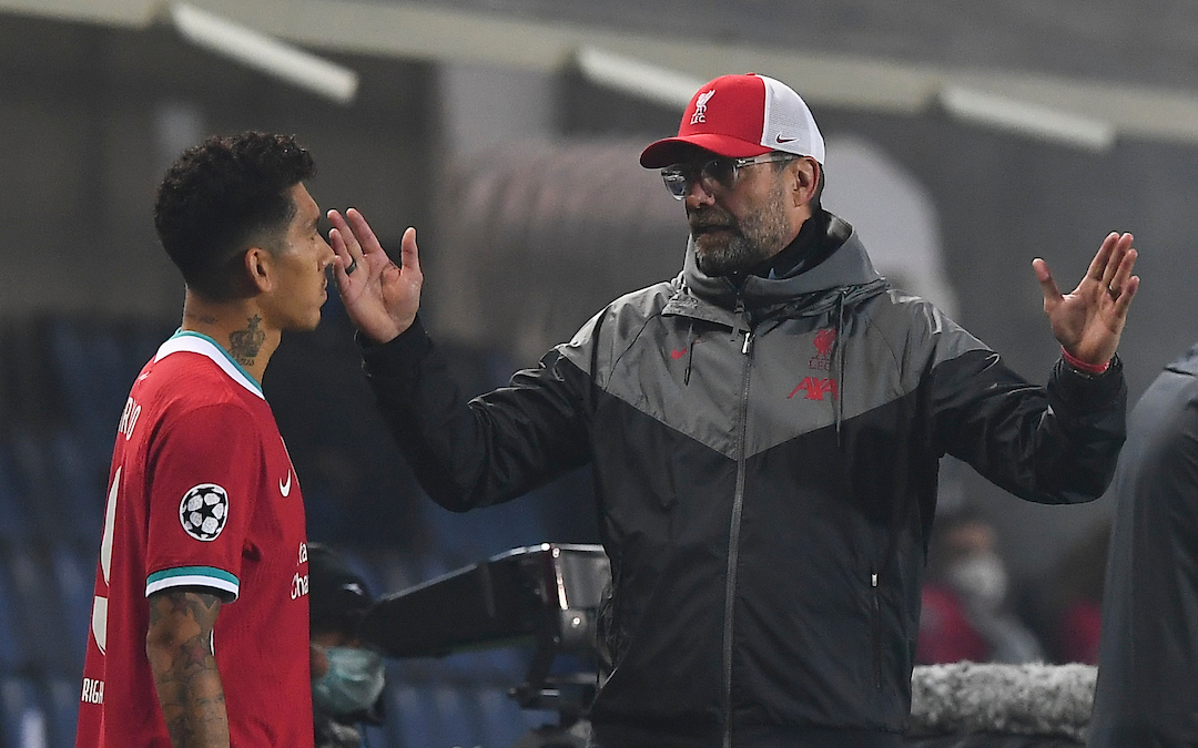 Liverpool's manager Jürgen Klopp prepares to bring on substitute Roberto Firmino