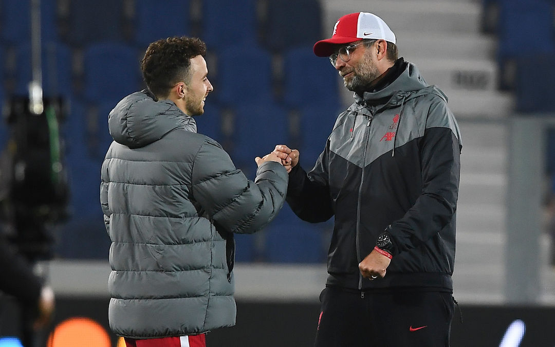 Liverpool Manager Jurgen Klopp with Diogo Jota vs Atalanta