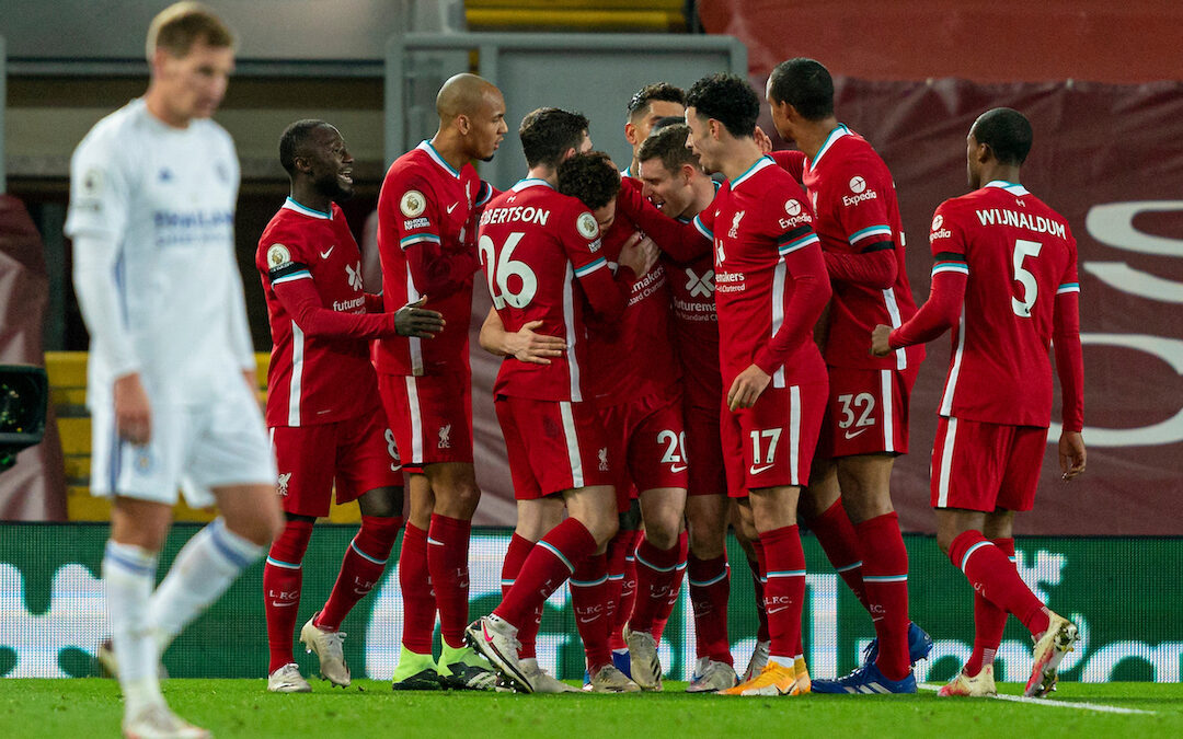 Liverpool players celebrate after Diogo Jota scored the second goal during the FA Premier League match between Liverpool FC and Leicester City FC at Anfield