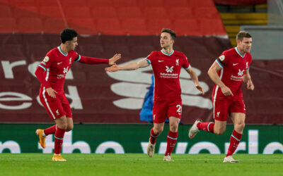 Liverpool’s Diogo Jota celebrates after scoring the second goal during the Premier League match between Liverpool FC and Leicester City FC at Anfield