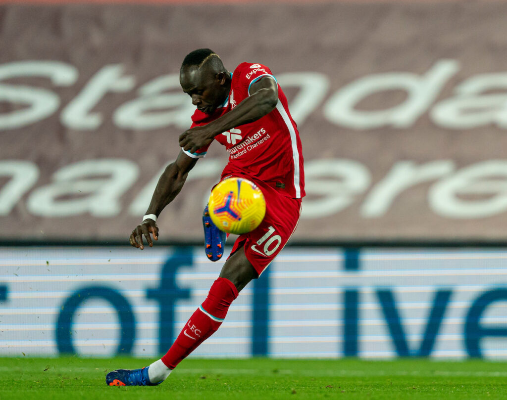 Liverpool’s Sadio Mané shoots vs Leicester City