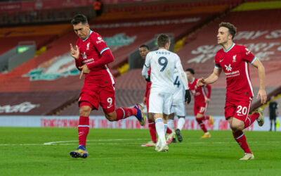 Liverpool’s Roberto Firmino celebrates after scoring the third goal during the FA Premier League match between Liverpool FC and Leicester City FC at Anfield