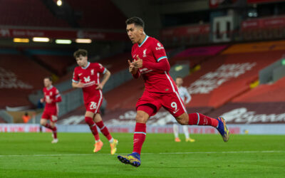 Liverpool’s Roberto Firmino celebrates after scoring the third goal during the FA Premier League match between Liverpool FC and Leicester City FC at Anfield