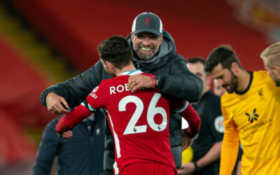 Liverpool’s manager Jürgen Klopp embraces Andy Robertson after the FA Premier League match between Liverpool FC and Leicester City FC at Anfield