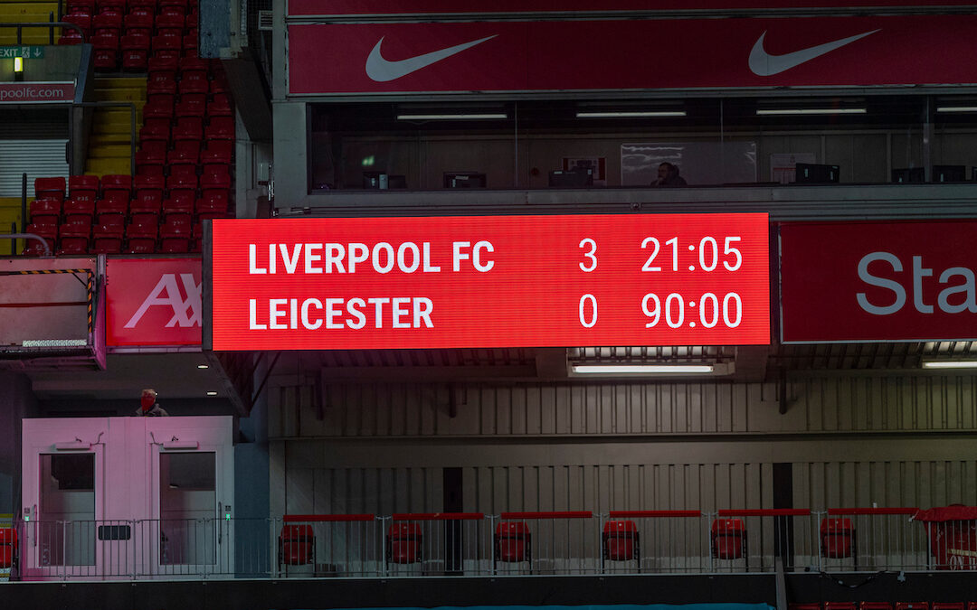 Liverpool’s scoreboard after the FA Premier League match between Liverpool FC and Leicester City FC at Anfield