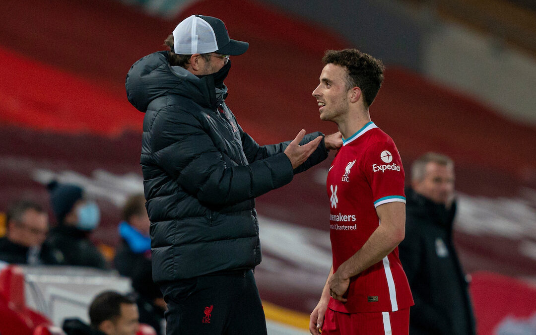 Liverpool’s manager Jürgen Klopp with Diogo Jota during the FA Premier League match between Liverpool FC and Leicester City FC at Anfield