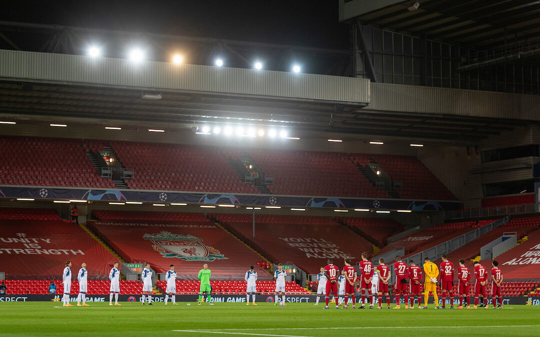 Liverpool and Atalanta players stand for a moment's silence, to remember Diego Maradona who died earlier in the day